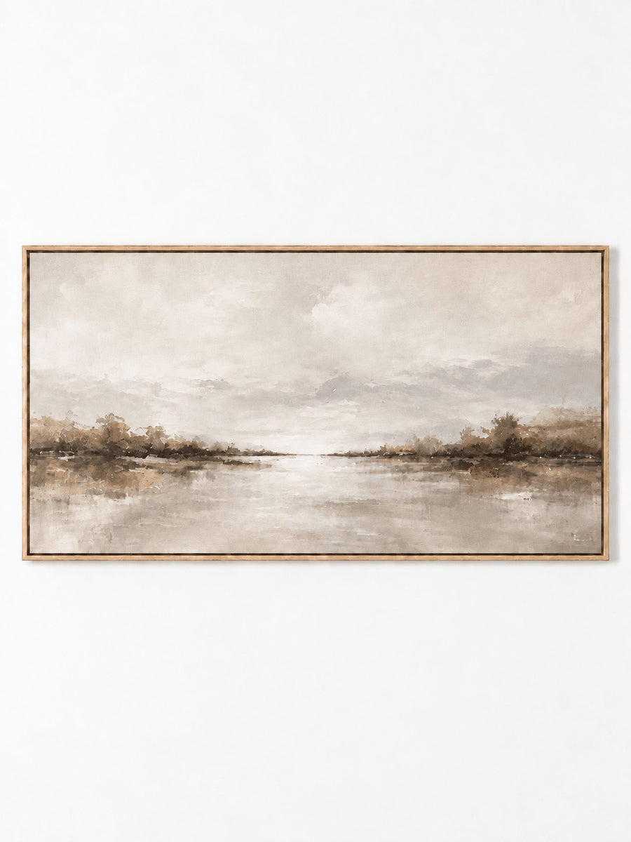 Neutral Panoramic Misty Lake Painting