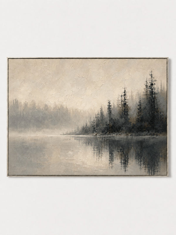 Neutral Textured Misty Lake Landscape Wall Art