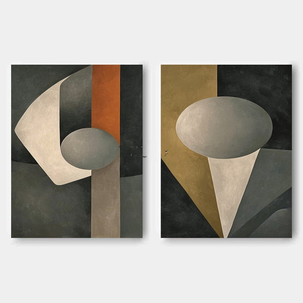Ochre and Charcoal Geometric Diptych
