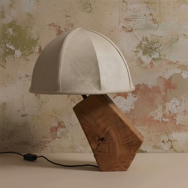 Off-Center Raw Timber Table Lamp with Dome Shade