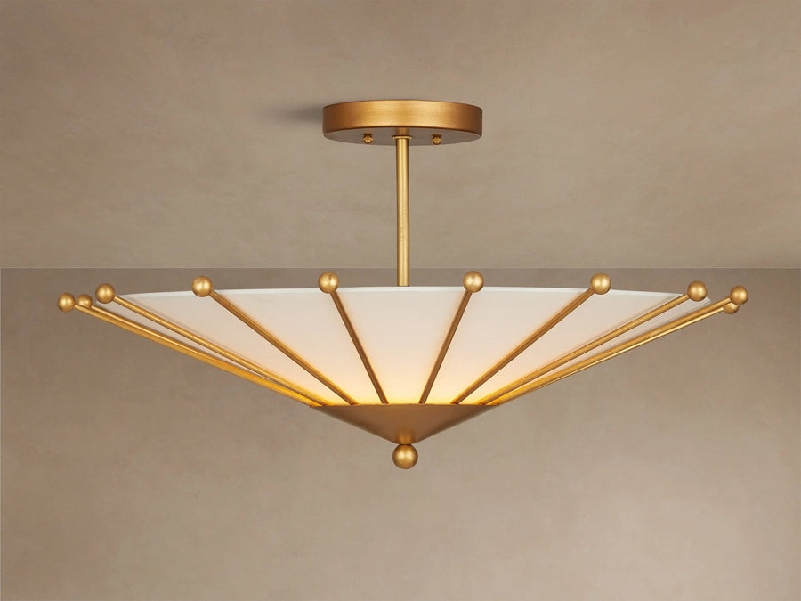 Off-White Fabric Drum Flush Mount with Gold Iron Frame