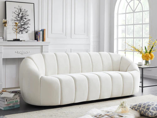 Off White Velvet Modern White Channel Tufted Sofa – Plush Velvet Living Room Furniture Collection