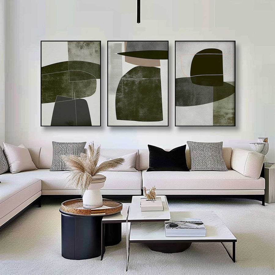 Olive and Charcoal Stacked Forms Triptych
