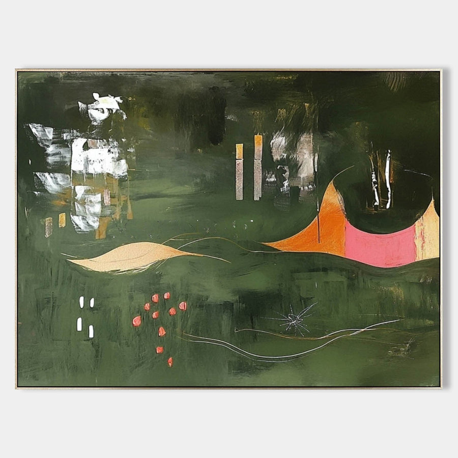 Olive Green Abstract with Coral Hills