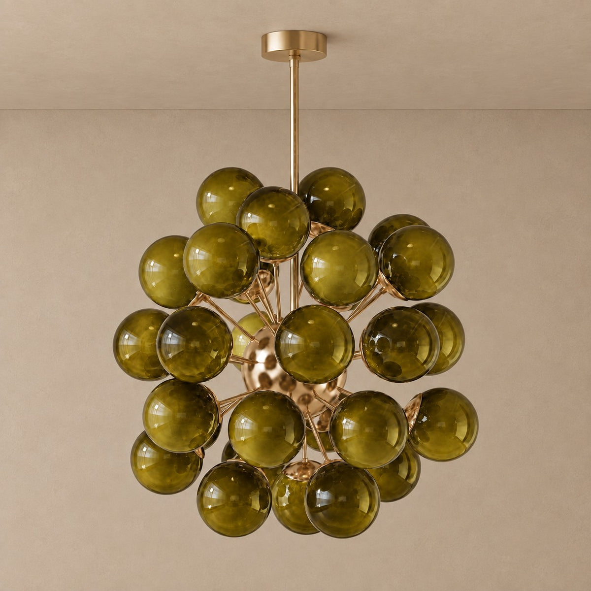 Olive Green Blown Glass Globe Cluster Chandelier