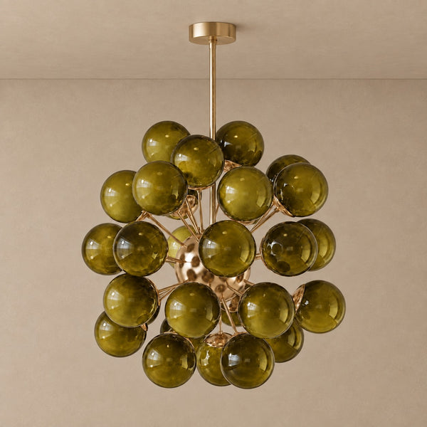 Olive Green Blown Glass Globe Cluster Chandelier