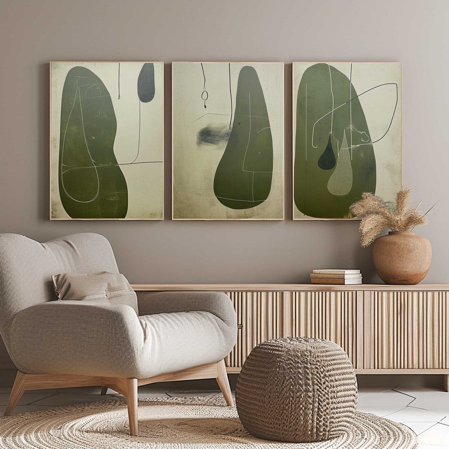 Olive Pebble Forms Triptych