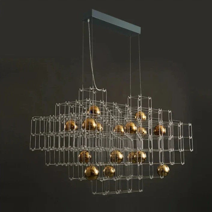 Open Cube Grid Steel and Gold Sphere Chandelier