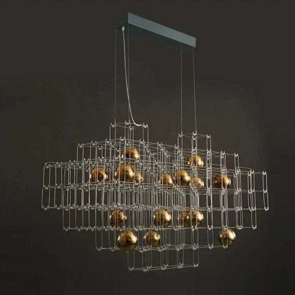 Open Cube Grid Steel and Gold Sphere Chandelier