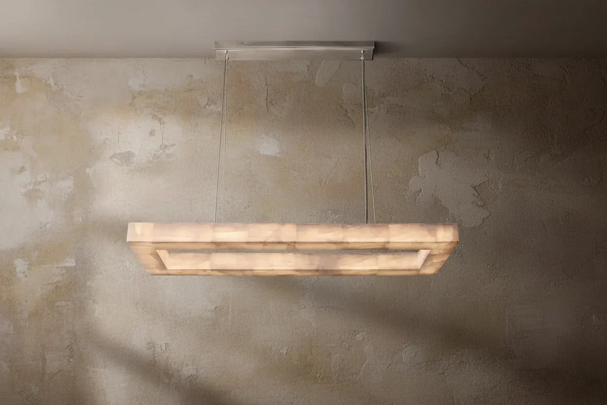 Open Rectangle Alabaster Linear Chandelier with Steel Cables