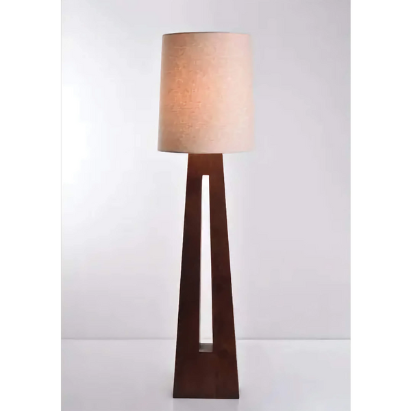 Open Triangular Wood Base Floor Lamp with Linen Shade