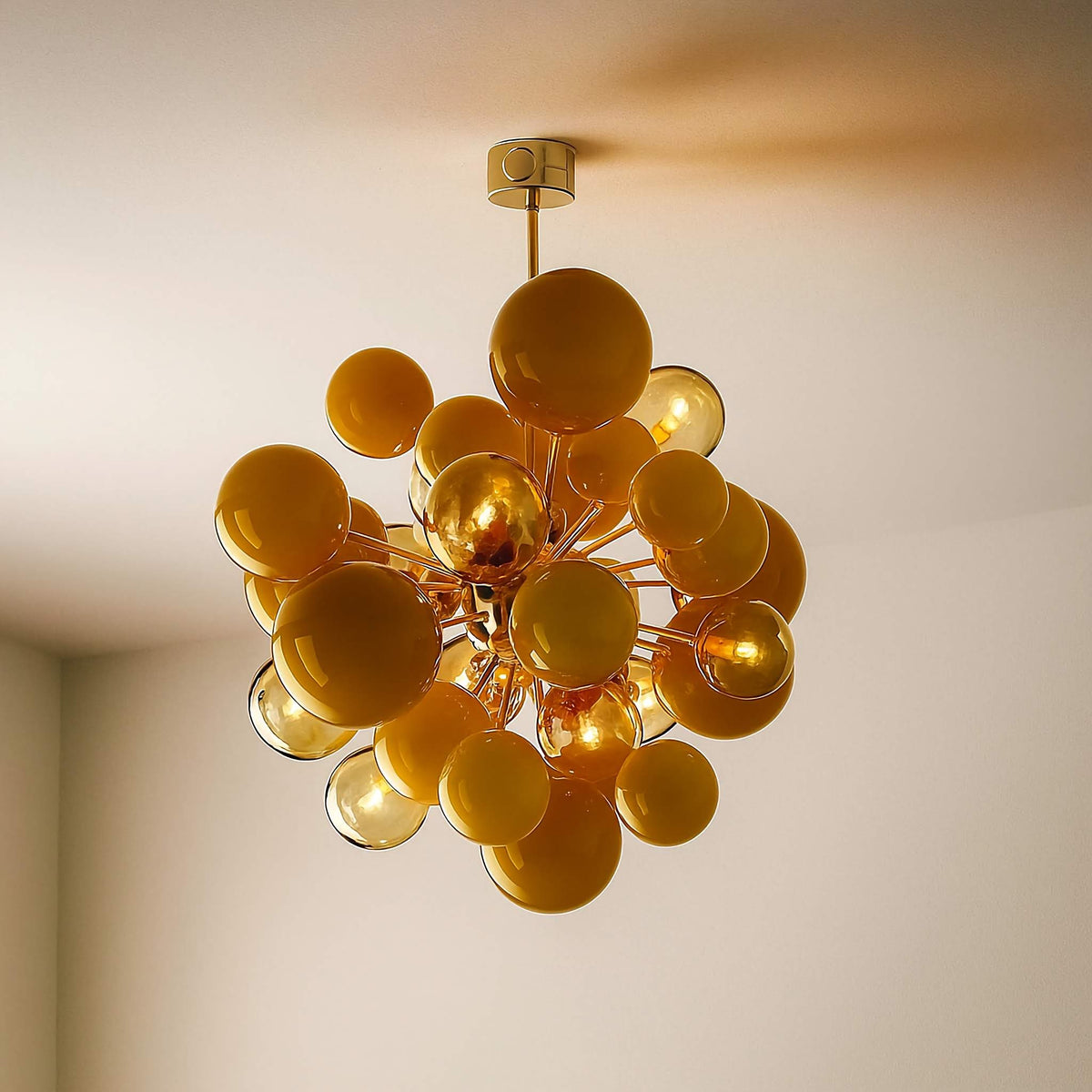 Orange Blown Glass Globe Cluster Brass Chandelier
