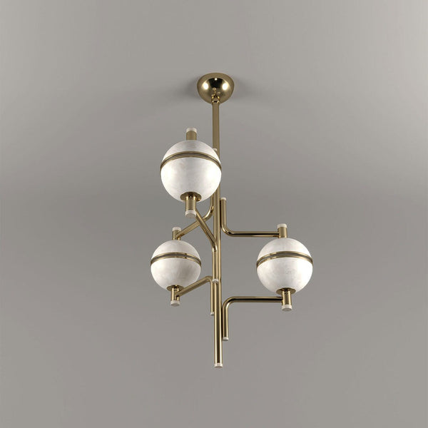 Orbiting Alabaster Orb and Brass Mast Chandelier