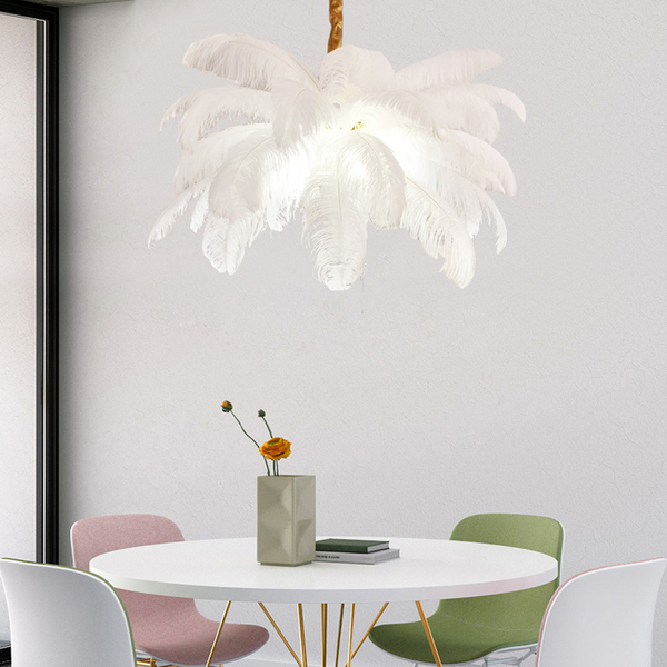 Ostrich Feather Brass Branch Chandelier with Glass Egg Shades