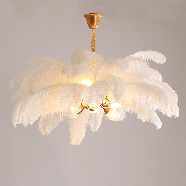 Ostrich Feather Brass Branch Chandelier with Glass Eggs