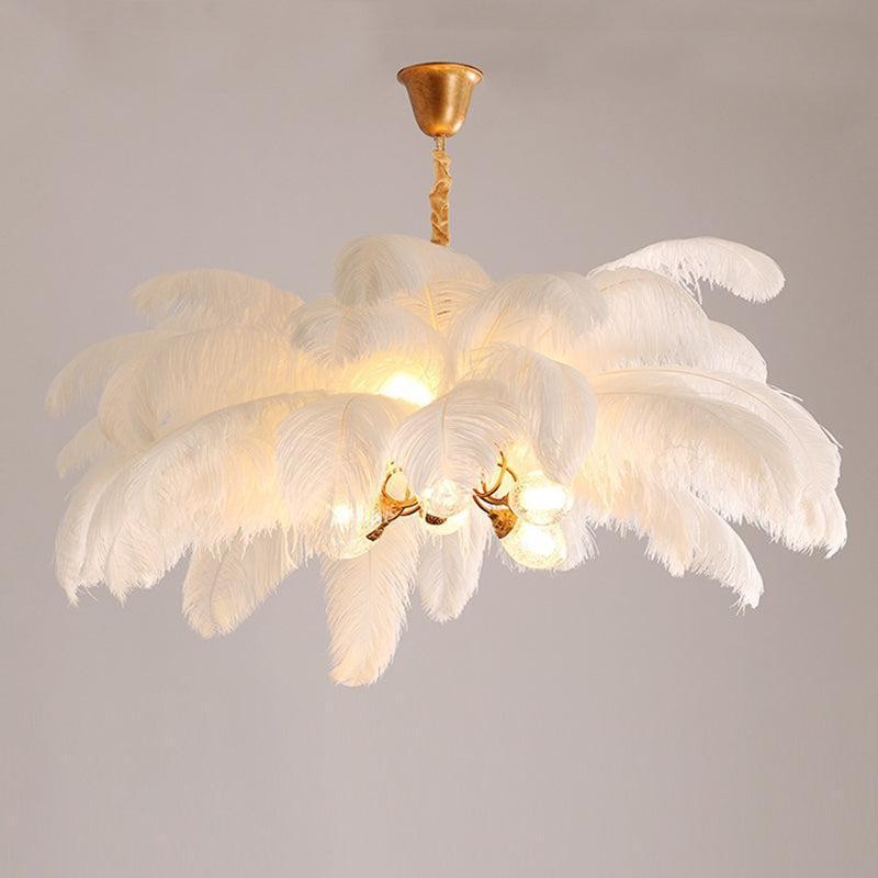 Ostrich Feather Brass Branch Chandelier with Glass Eggs