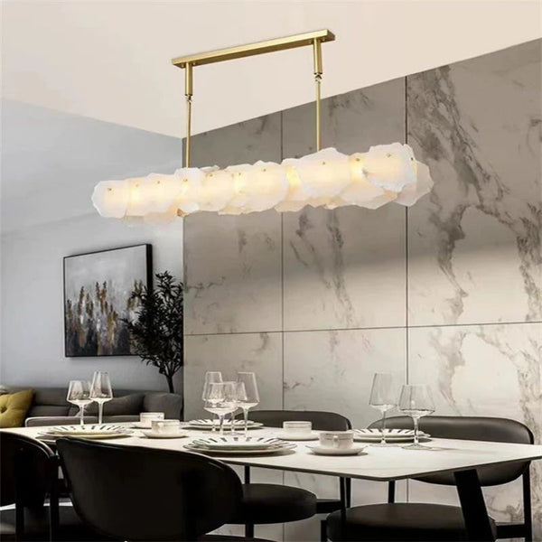 Oval Alabaster Panel and Brass Linear Chandelier