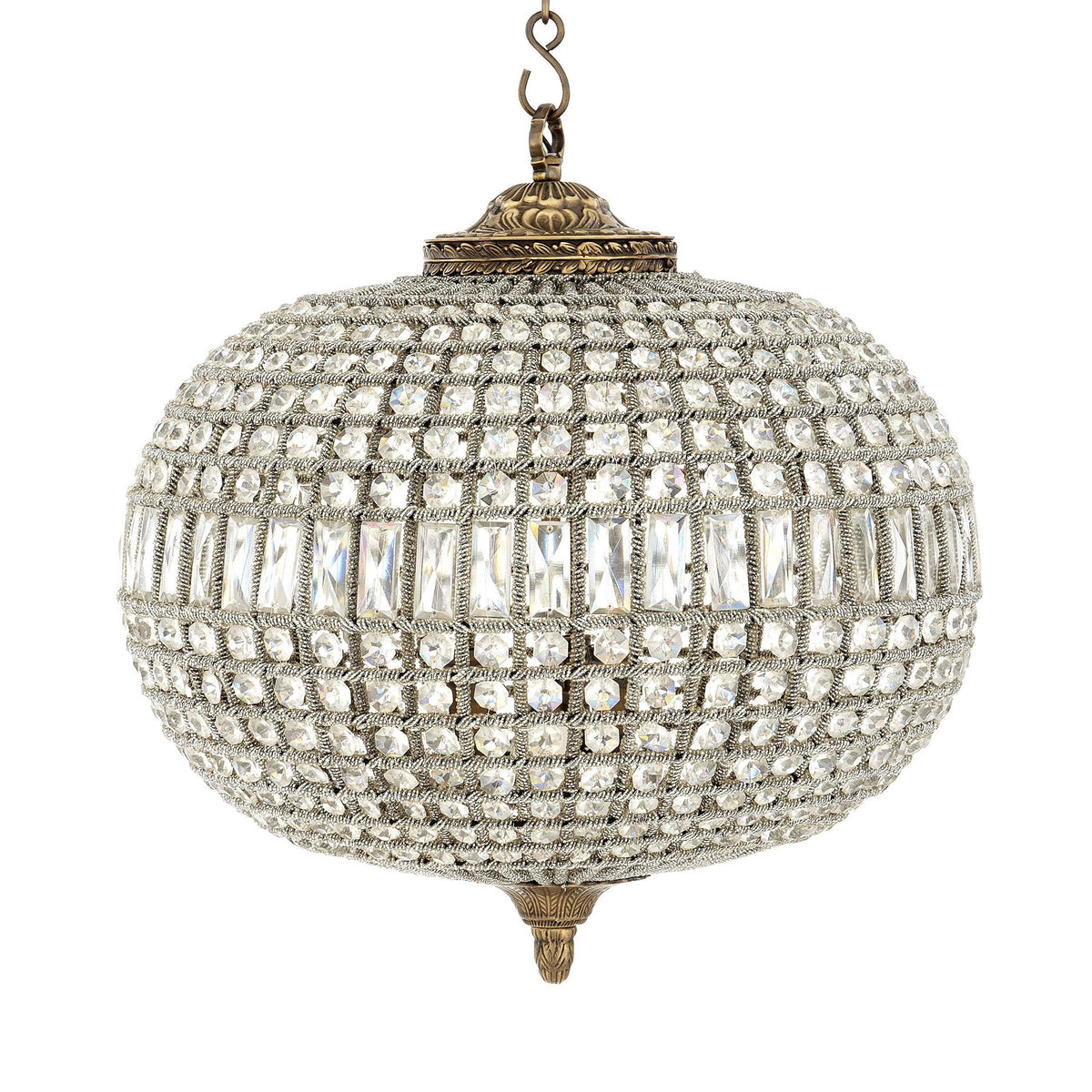 Oval Antique Brass and Crystal Empire Chandelier