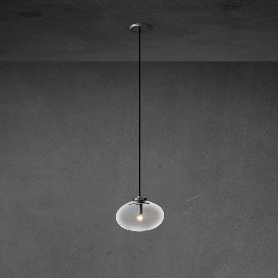 Oval Blown Glass Globe Pendant in Steel Frame