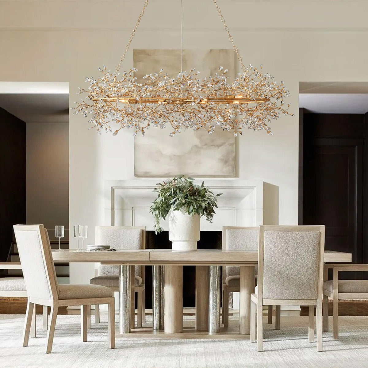 Oval Branch Iron Chandelier with Crystal Blossoms