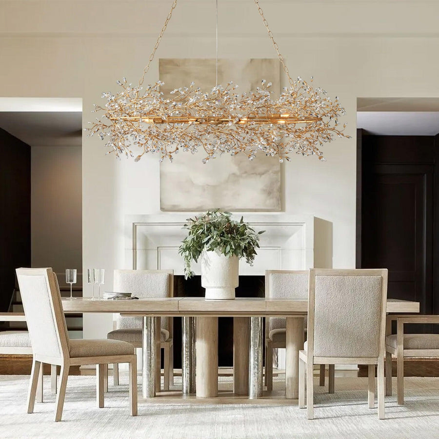 Oval Branch Iron Chandelier with Crystal Blossoms