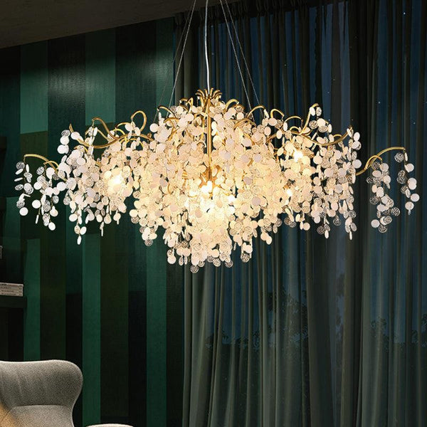 Oval Branching Brass and Glass Tiered Chandelier