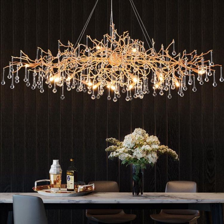 Oval Brass Branch Chandelier with Glass Teardrops