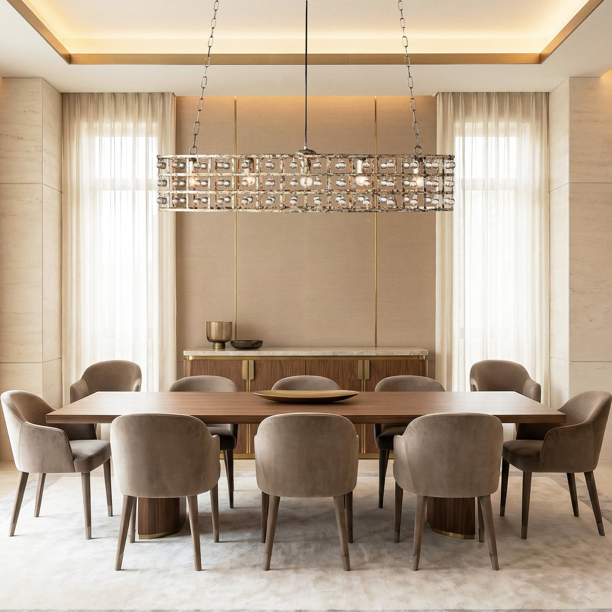 Oval Iron Cage and Glass Sphere Cluster Chandelier