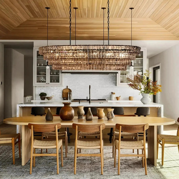 Oval Layered Textured Glass and Steel Chandelier