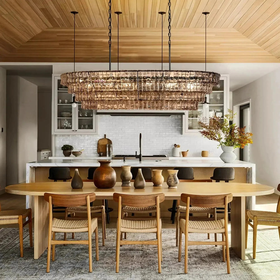 Oval Layered Textured Glass and Steel Chandelier
