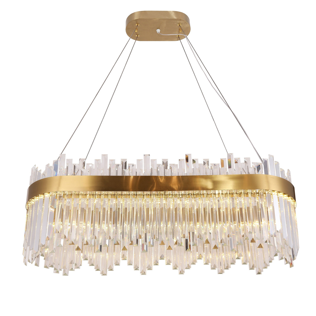 Oval Linear Brass and Crystal Fringe Chandelier