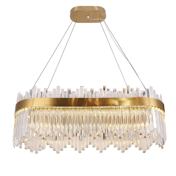 Oval Linear Brass and Crystal Fringe Chandelier