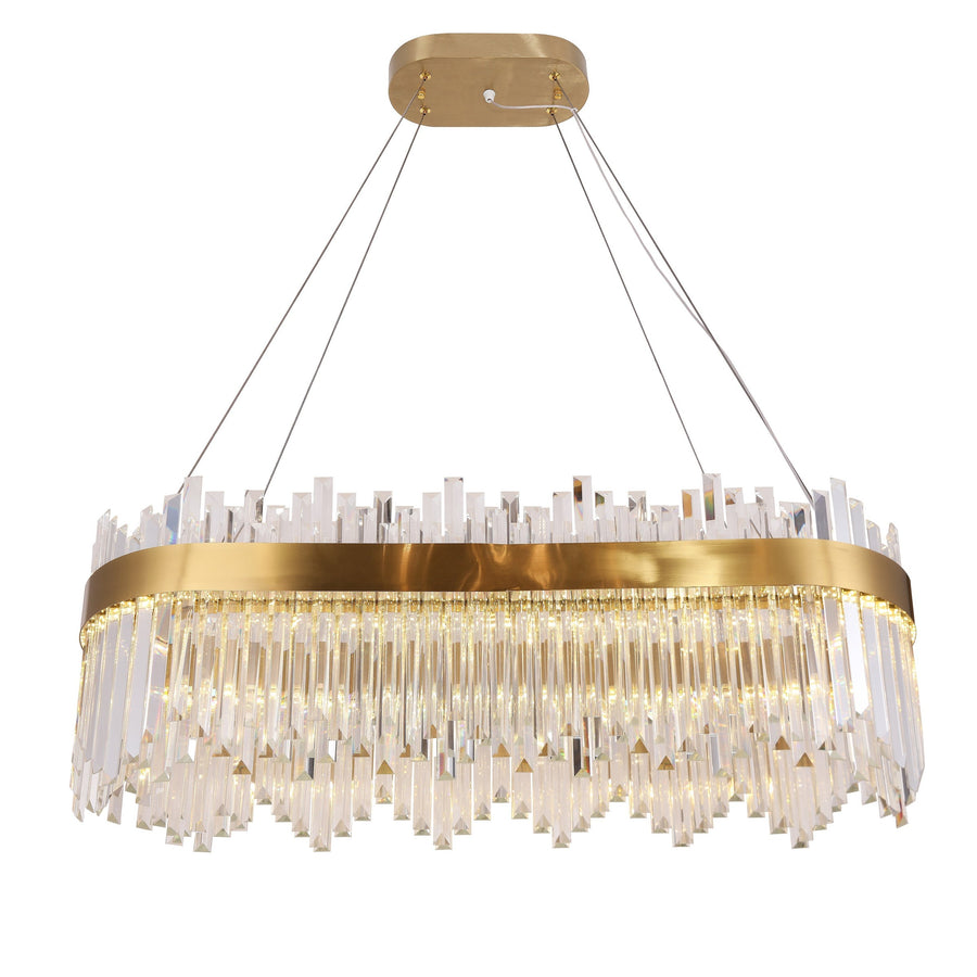 Oval Linear Brass and Crystal Fringe Chandelier