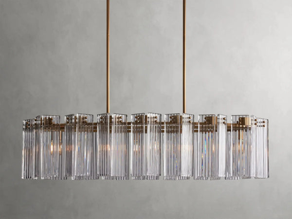 Oval Reeded Glass and Brass Linear Chandelier