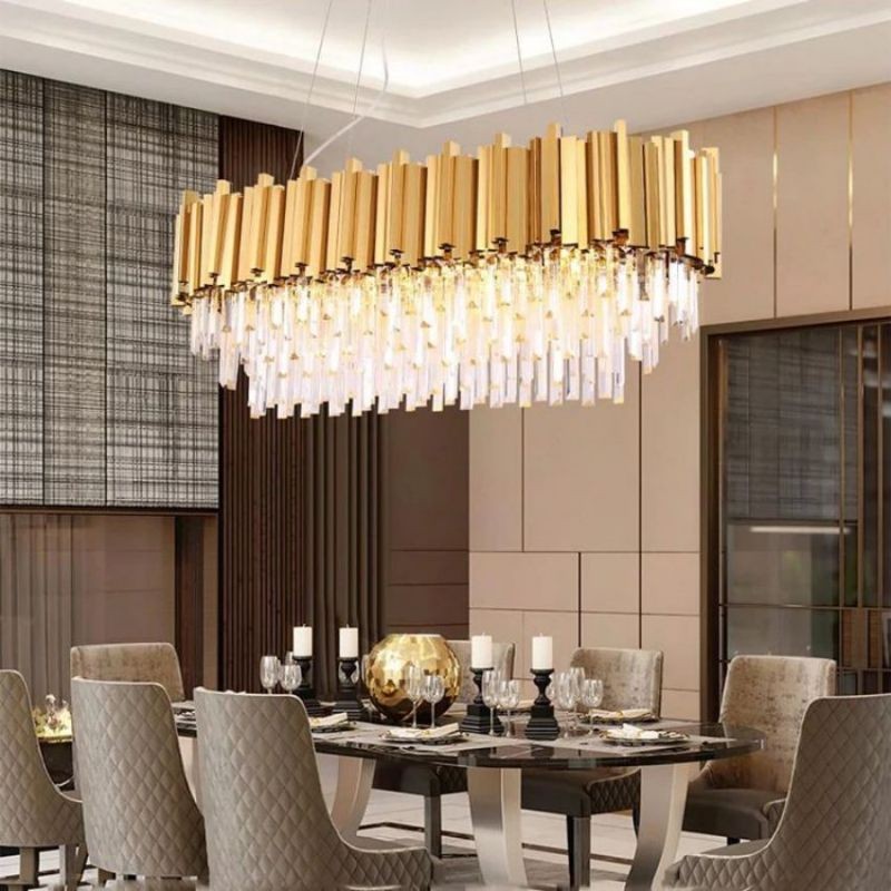 Oval Stainless Steel and Crystal Chandelier with Adjustable Drop