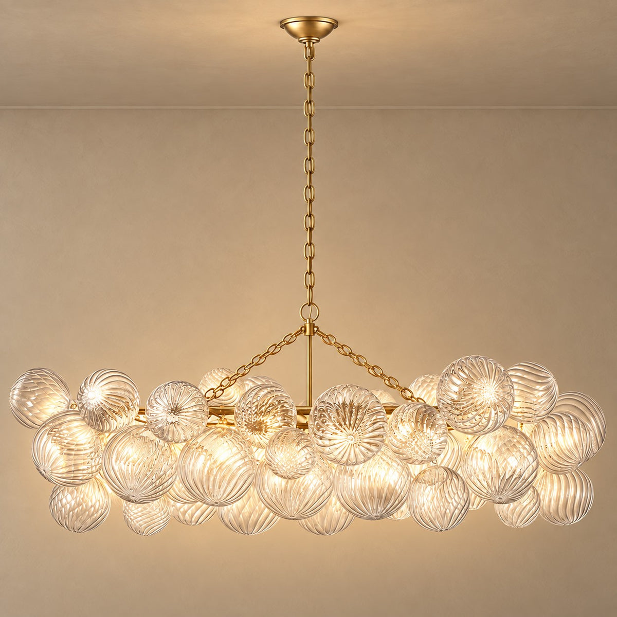Oval Swirled Glass Globe Cluster Brass Chandelier