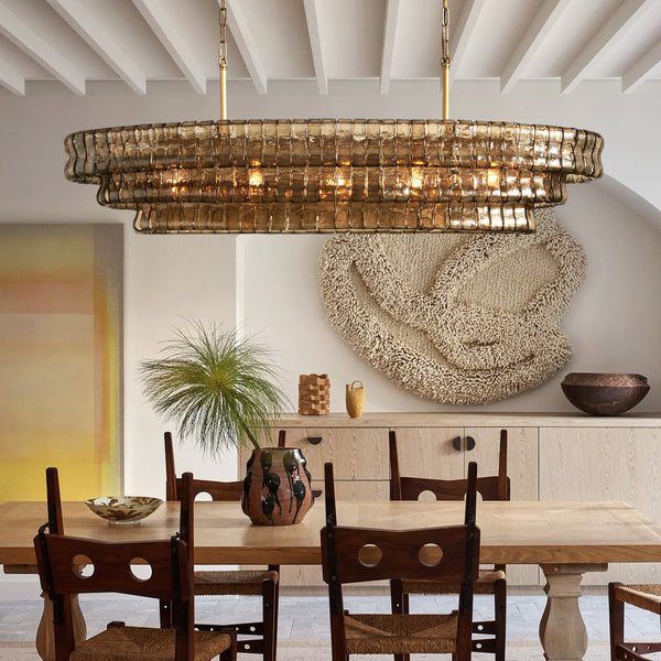 Oval Textured Glass Cluster Brass Chandelier