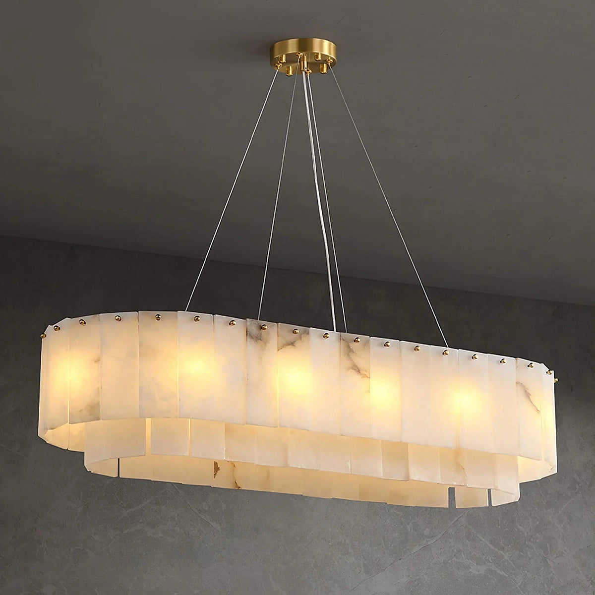 Oval Tiered Alabaster and Brass Chandelier
