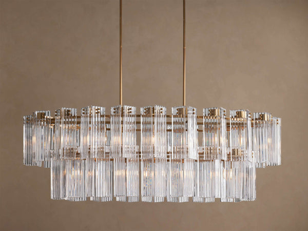 Oval Tiered Reeded Glass and Brass Chandelier