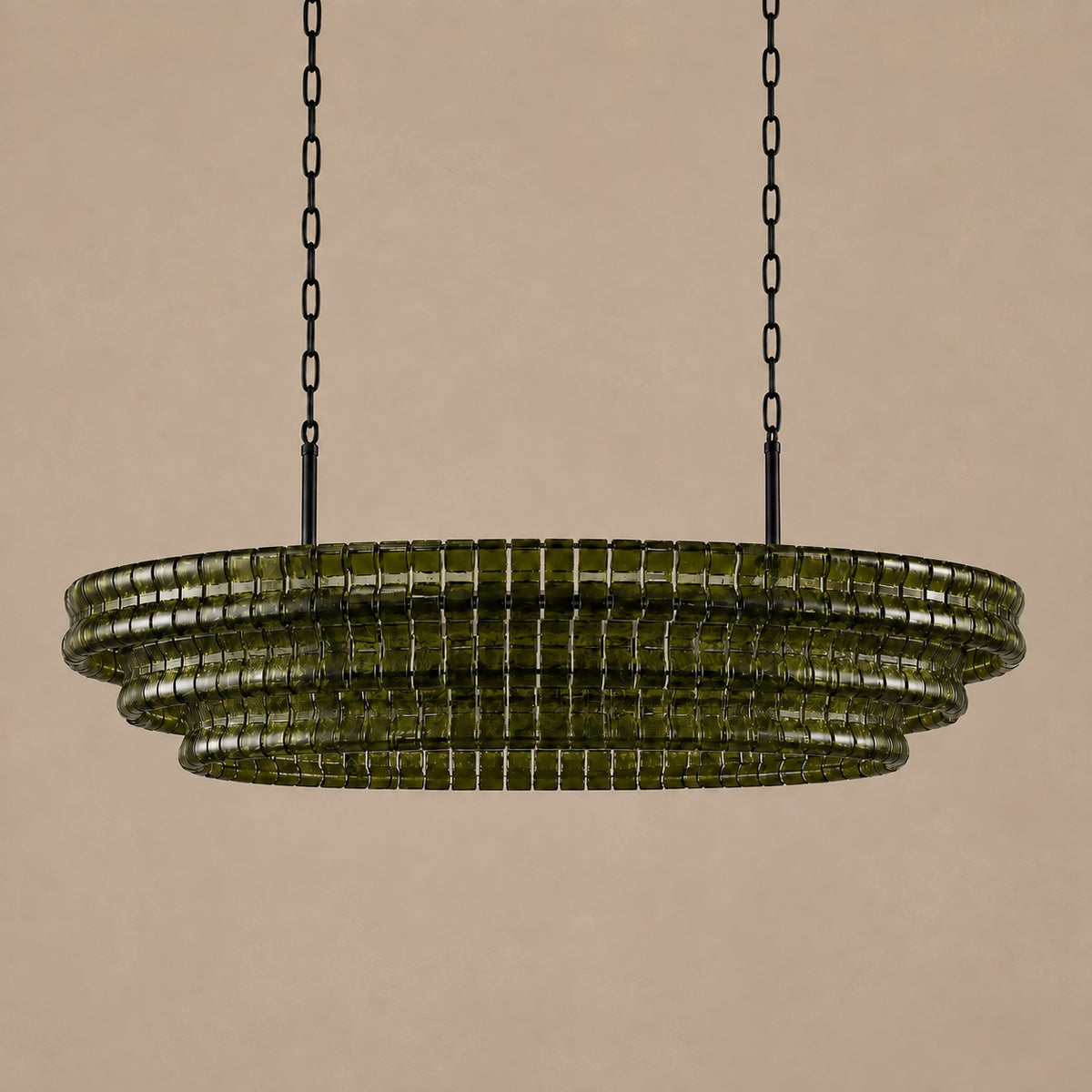 Overlapping Green Glass Panel and Brass Ring Chandelier