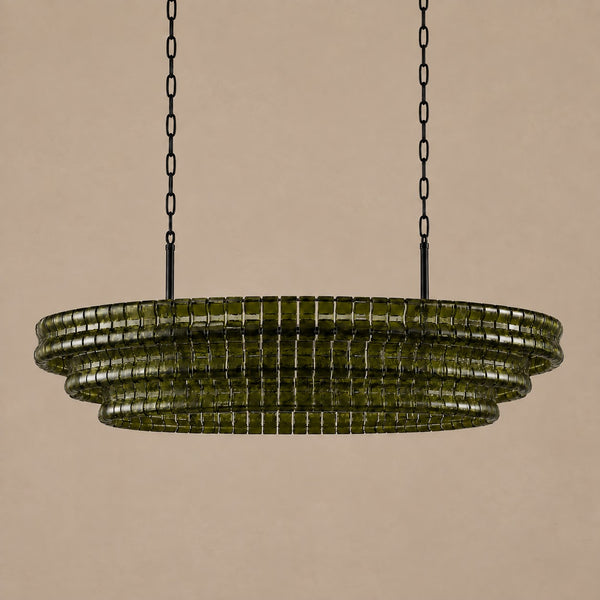 Overlapping Green Glass Panel and Brass Ring Chandelier