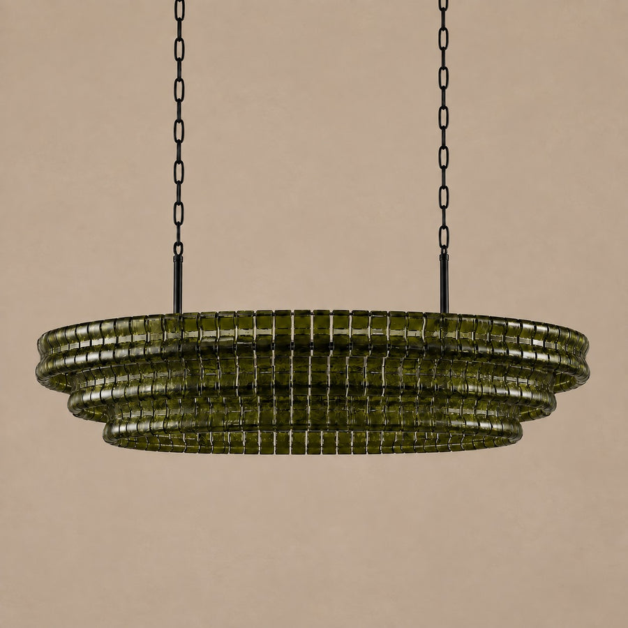 Overlapping Green Glass Panel and Brass Ring Chandelier