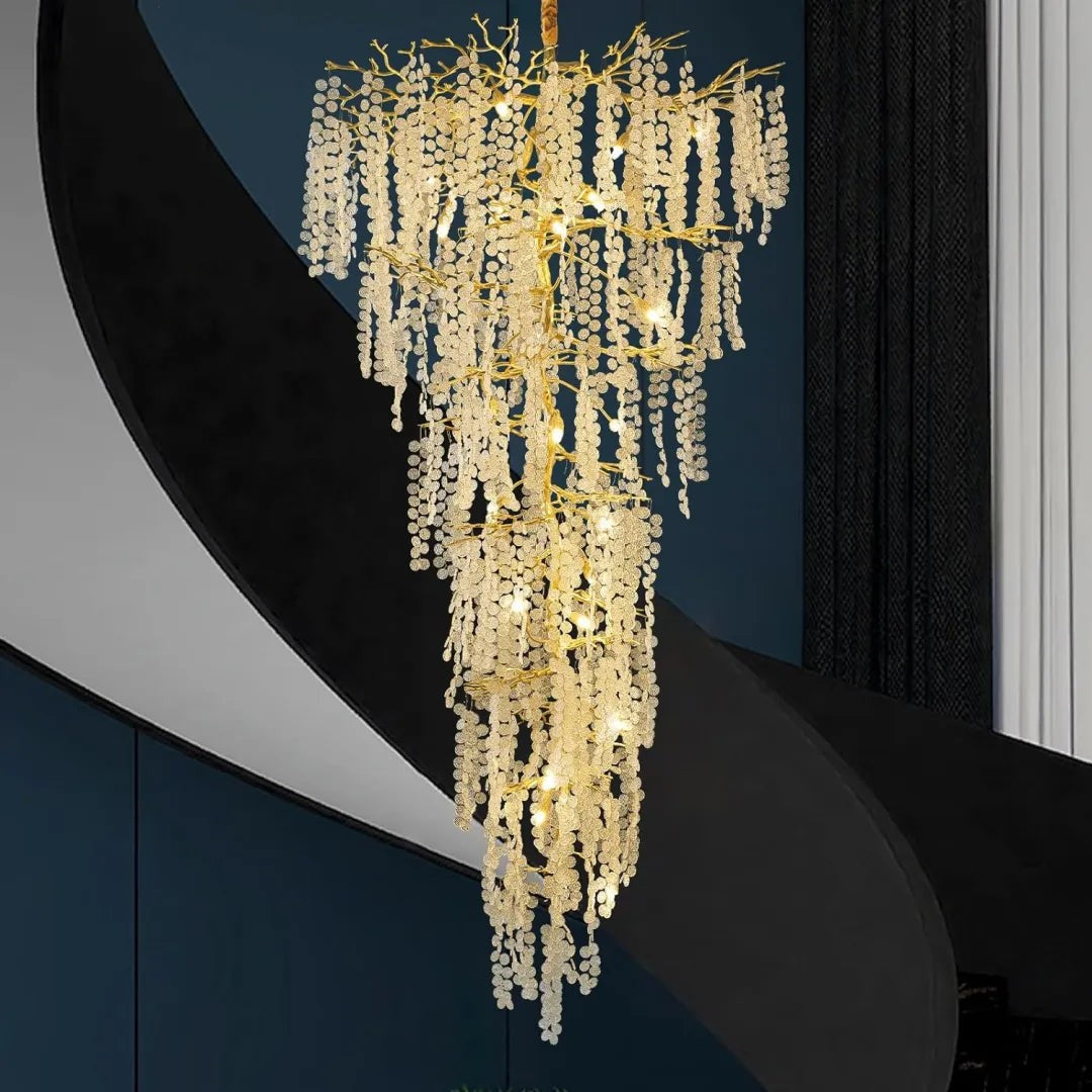 Oversized Branching Brass Chandelier with Glass Discs