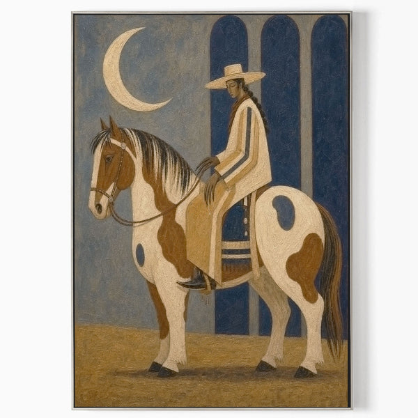 Paint Horse Rider Under Crescent Moon