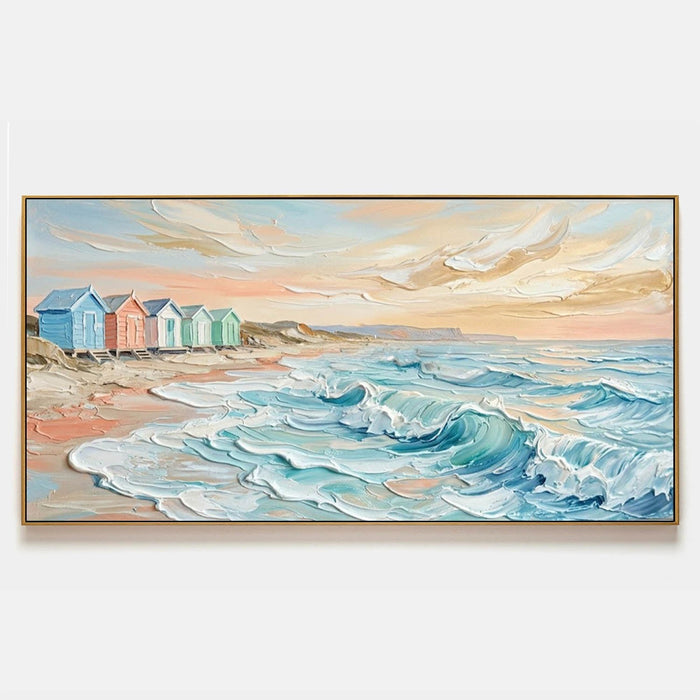 Pastel Beach Huts at Sunset Surf