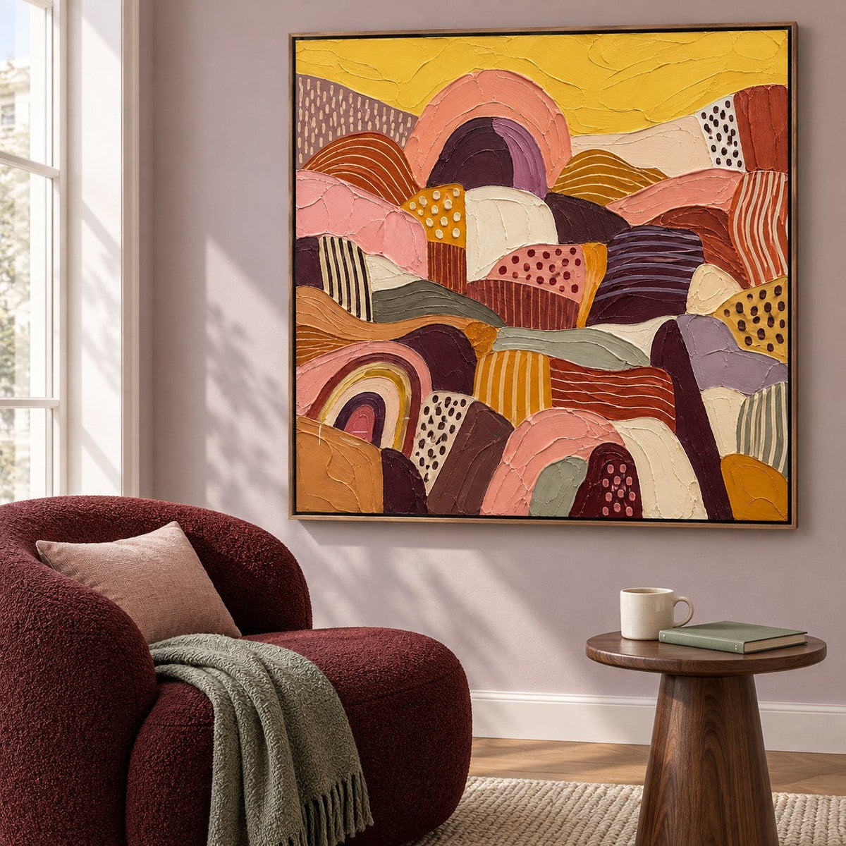 Colinas de patchwork en mostaza y ciruela