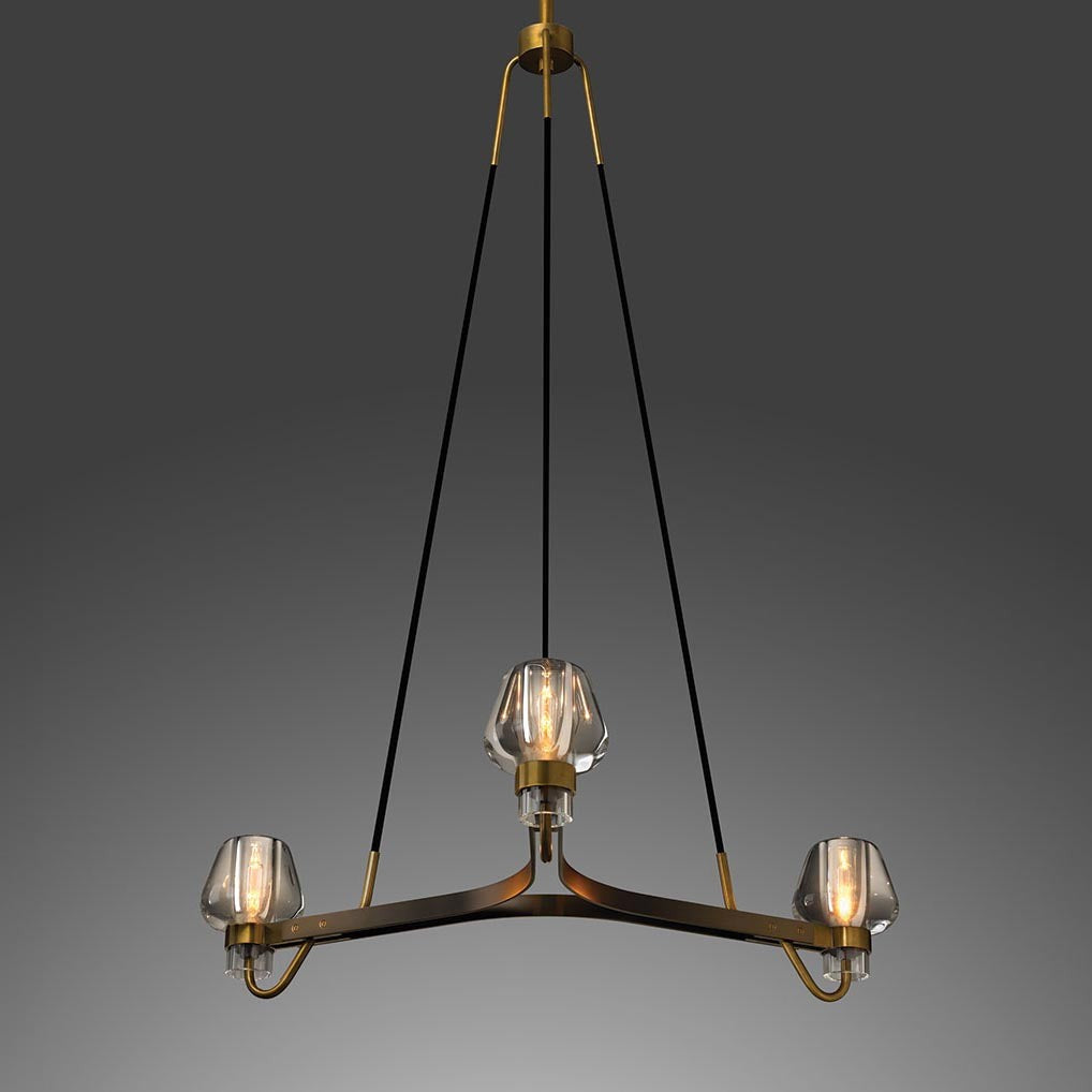 Patinated Brass Chandelier with Carved Crystal Shades