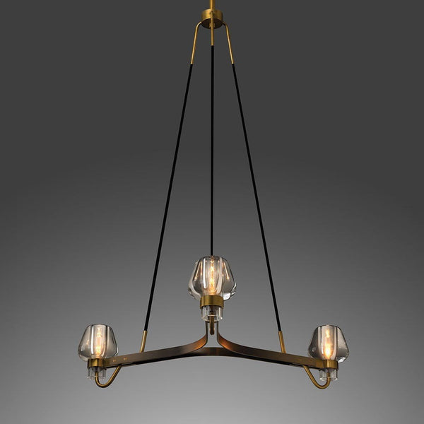 Patinated Brass Chandelier with Carved Crystal Shades