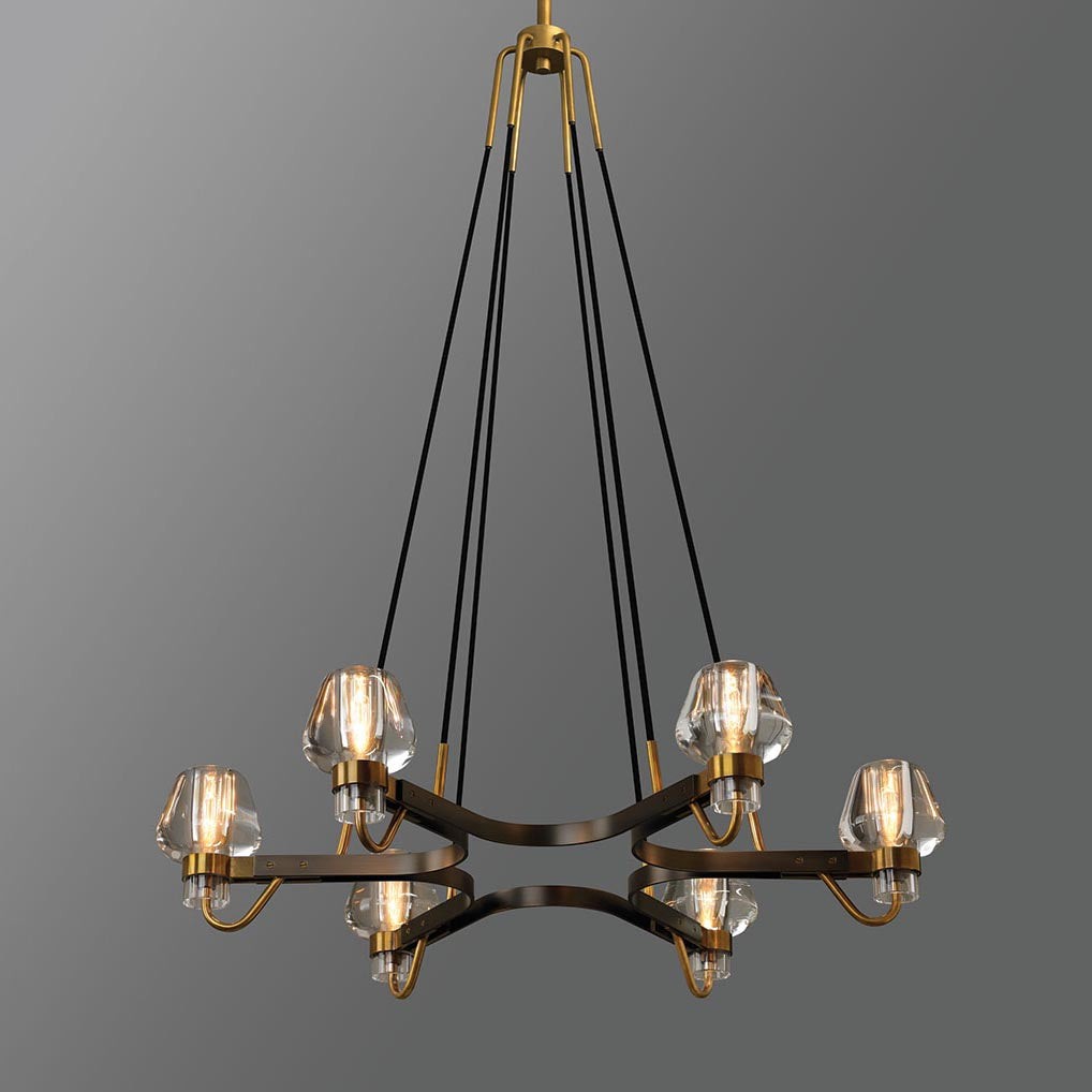 Patinated Brass Cluster Chandelier with Carved Crystal Shades