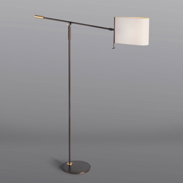 Patinated Brass Reading Floor Lamp with Ivory Silk Shade